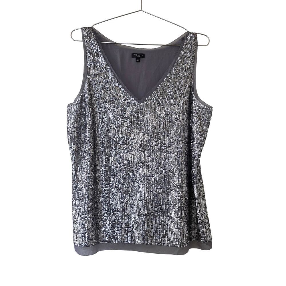 Talbots Silver Sequin Tank Top Women Size 12 Sleeveless V Neck Party Blouse